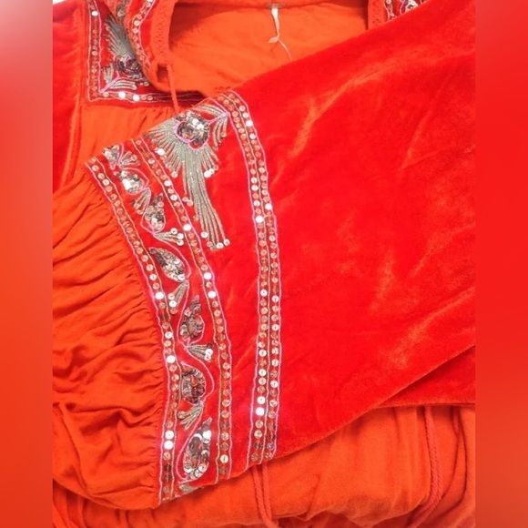 ♥️Free People  Linen Blend Velour Dolman arm blouse/Vneck/embroidery/sequi… - Picture 7 of 13
